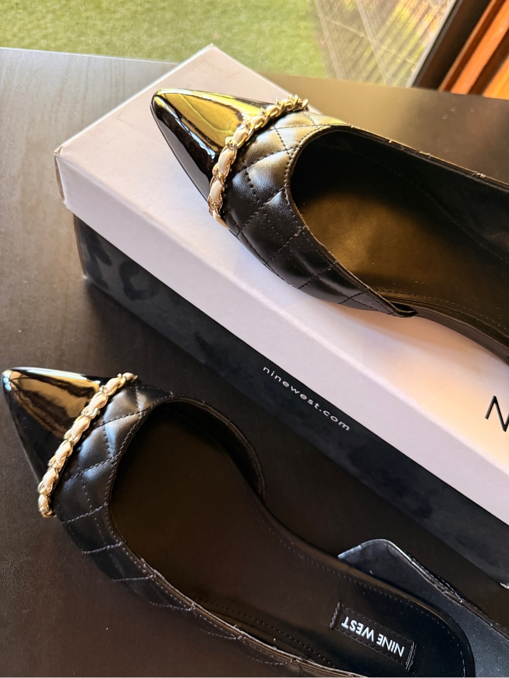 Nine West Black Quilted Pointed Toe Flats with Gold Chain Accent